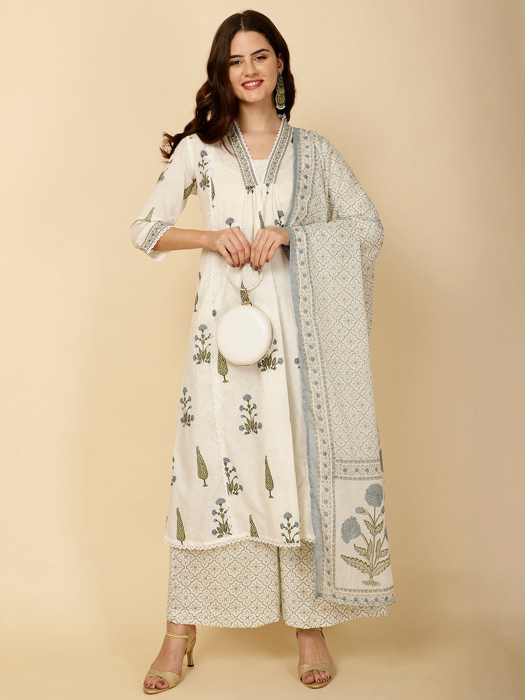 Block Printed Cotton Kurta With Palazzo & Dupatta
