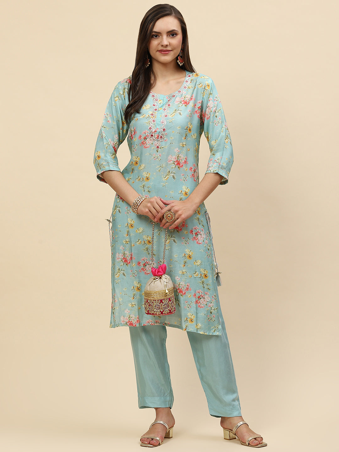 Floral Printed Muslin Kurta With Pants