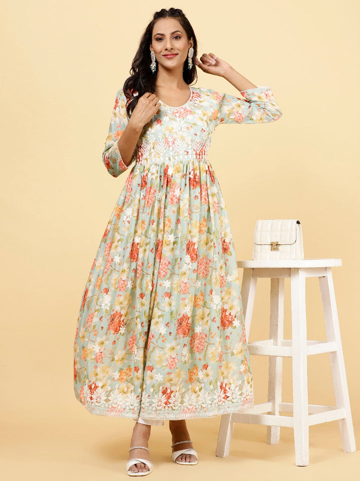 Floral Printed &amp; Neck Embroidered Cotton Kurta