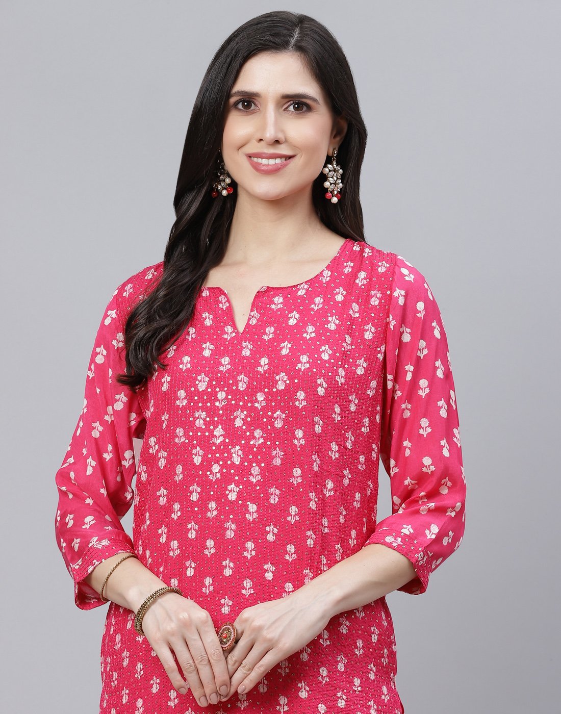 Printed Cotton Kurti Pant Set with Sequin Detail