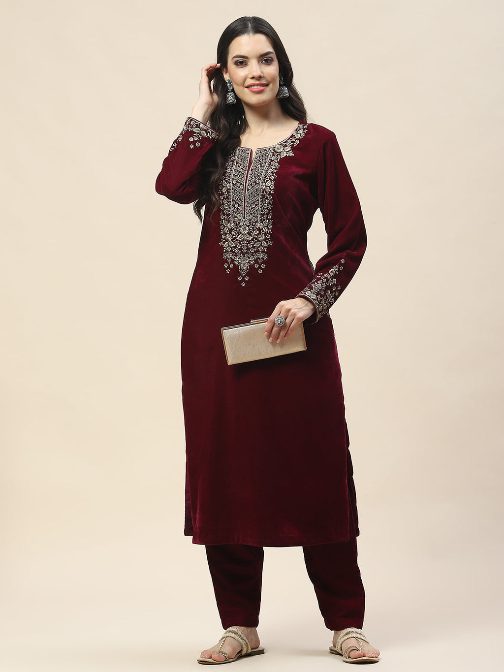 Neck Embroidered Velvet Kurta With Pants