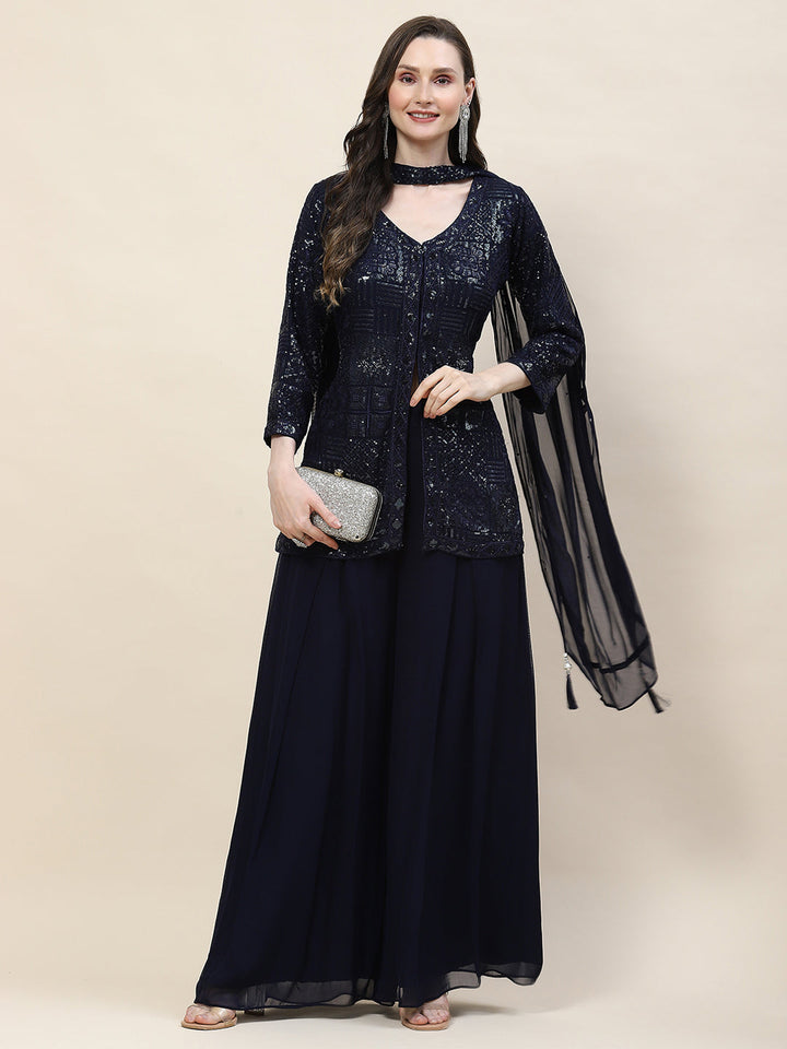 Sequin Embroidery Georgette Kurti With Palazzo &amp; Dupatta