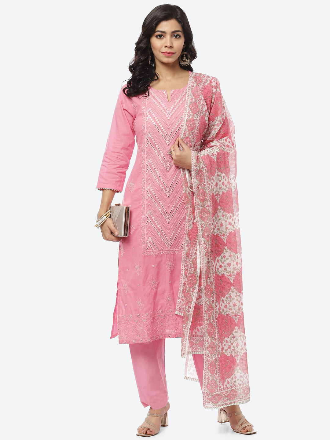 Resham Mirror Cotton Stitched Salwar Kameez With Printed Cotton Dupatta
