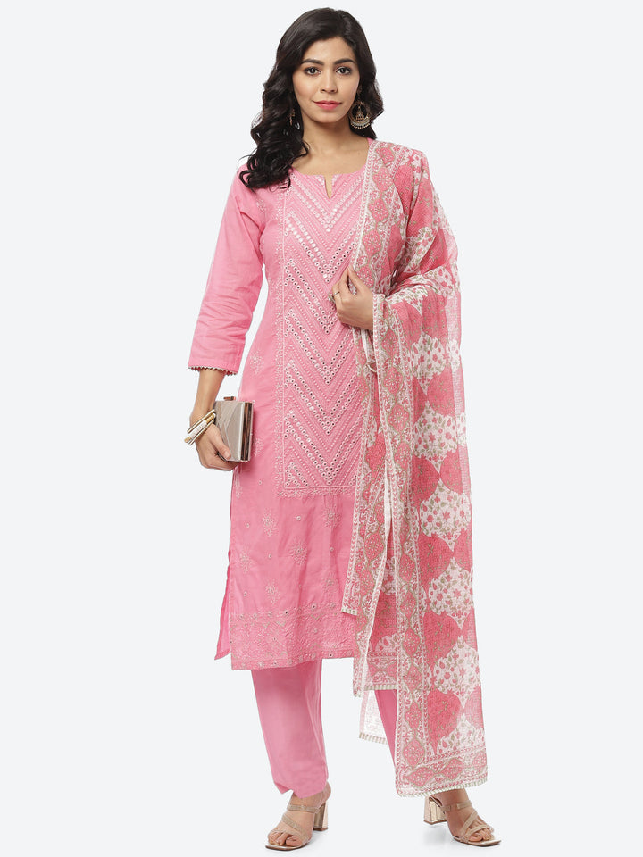 Resham Mirror Cotton Stitched Salwar Kameez With Printed Cotton Dupatta