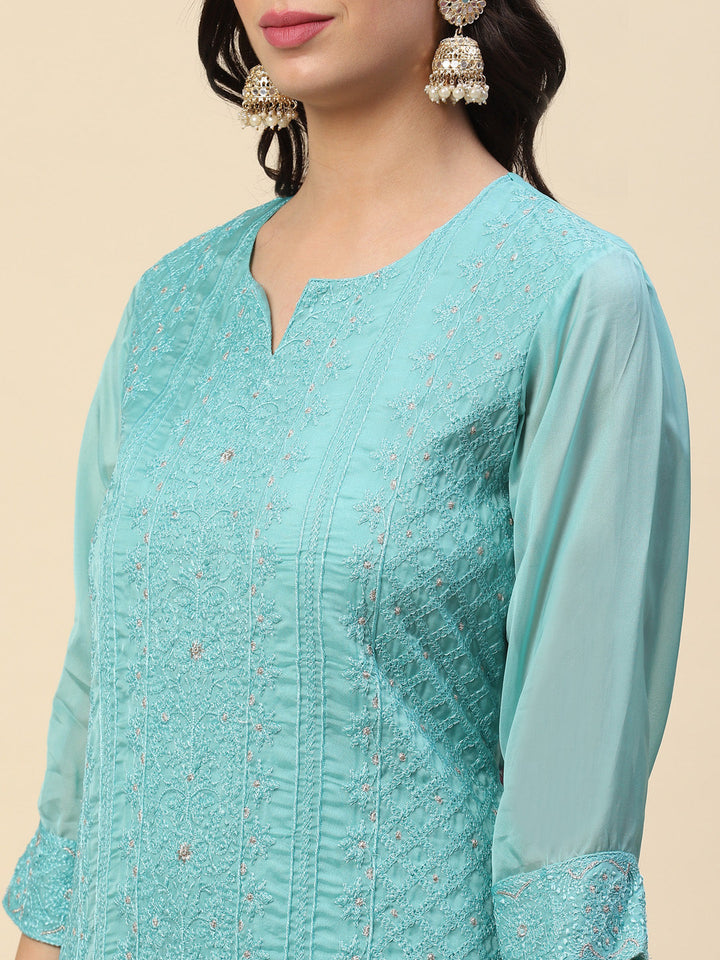 Resham Embroidered Booti Organza Kurta With Pants &amp; Dupatta
