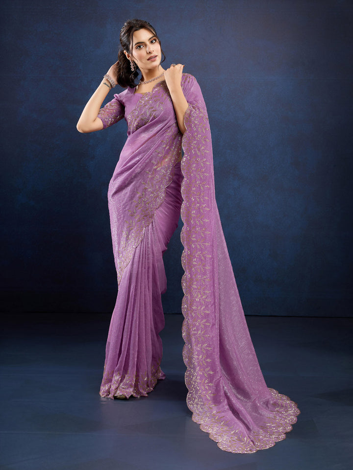 Stone Embroidery Chinon Saree