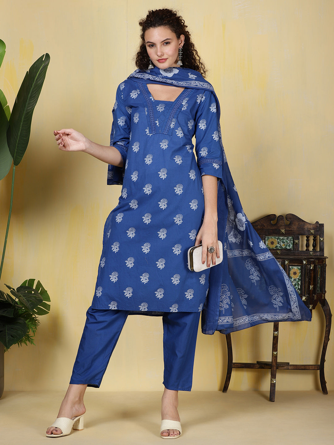 Printed Cotton Blend Kurta With Pants &amp; Dupatta