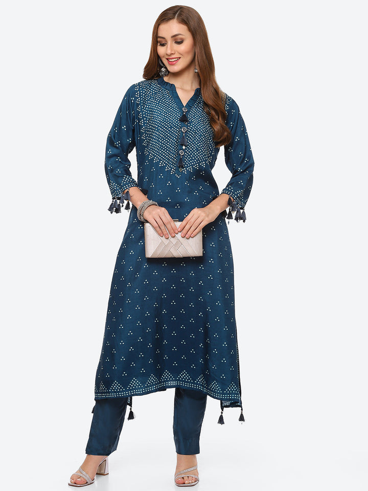 Bandhani Printed Banarasi A-Line Kurta With Pant