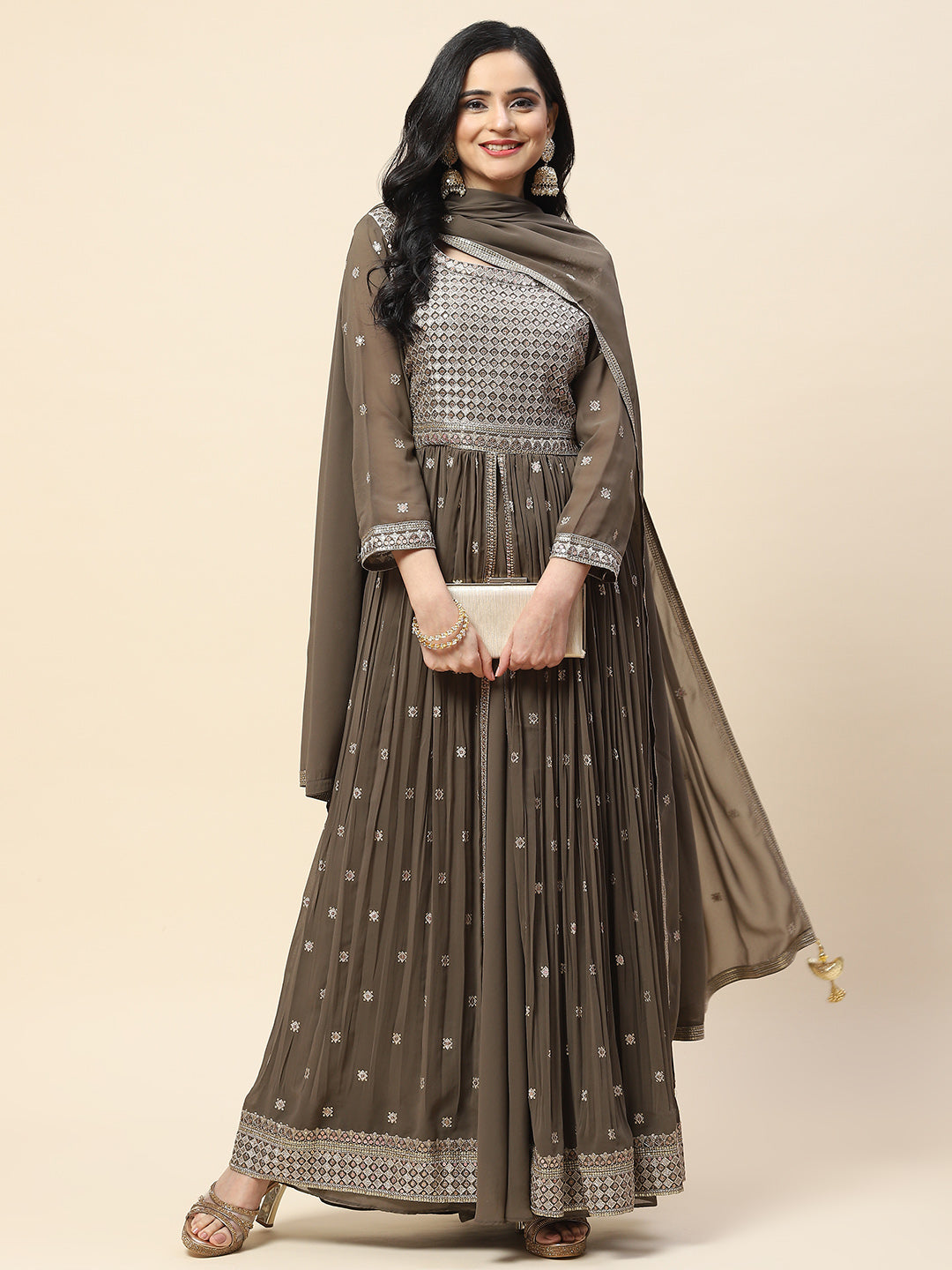 Sequin Embroidered Georgette Kurta With Sharara &amp; Dupatta