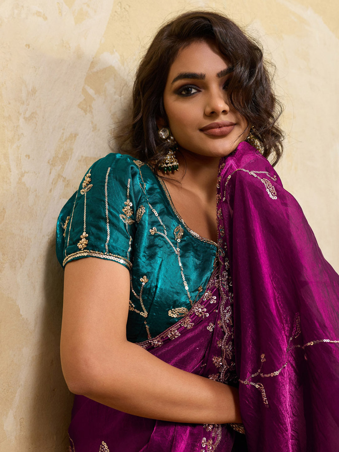 Embroidered Satin Velvet Saree