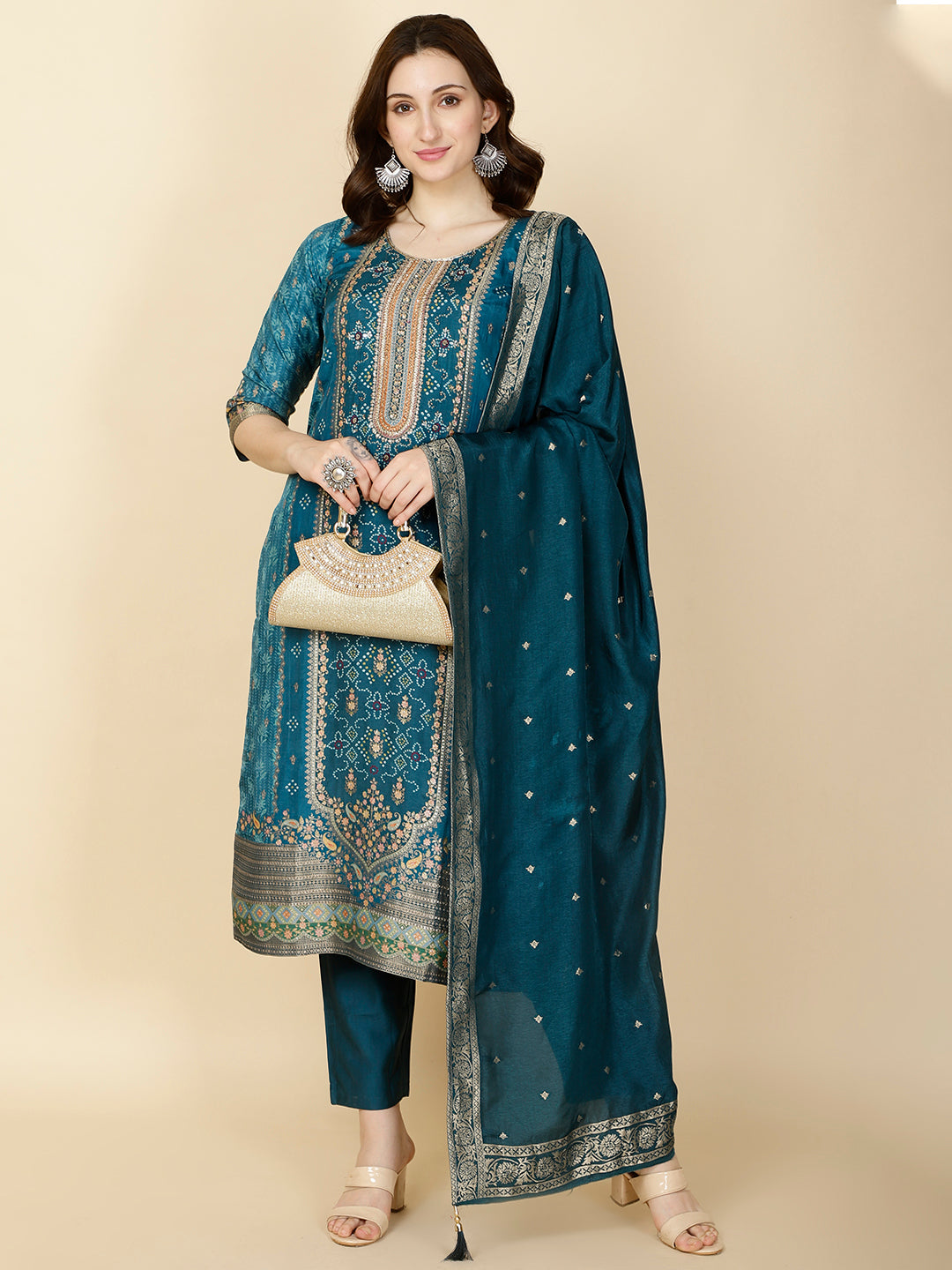 Printed Handloom Kurta With Pants &amp; Dupatta