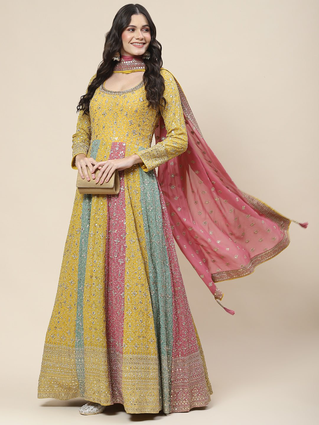 Zari Embroidered Georgette Kurta With Churidar &amp; Dupatta