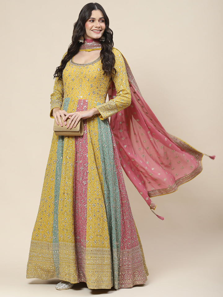 Zari Embroidered Georgette Kurta With Churidar &amp; Dupatta