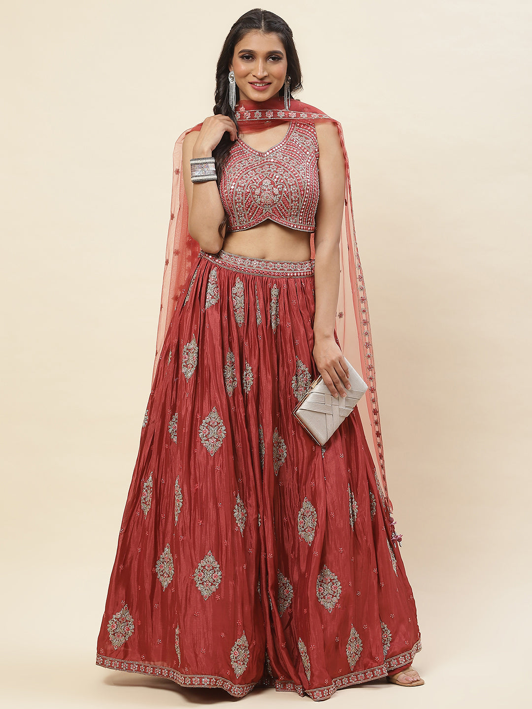All Over Embroidered Crepe Choli With Lehenga &amp; Dupatta