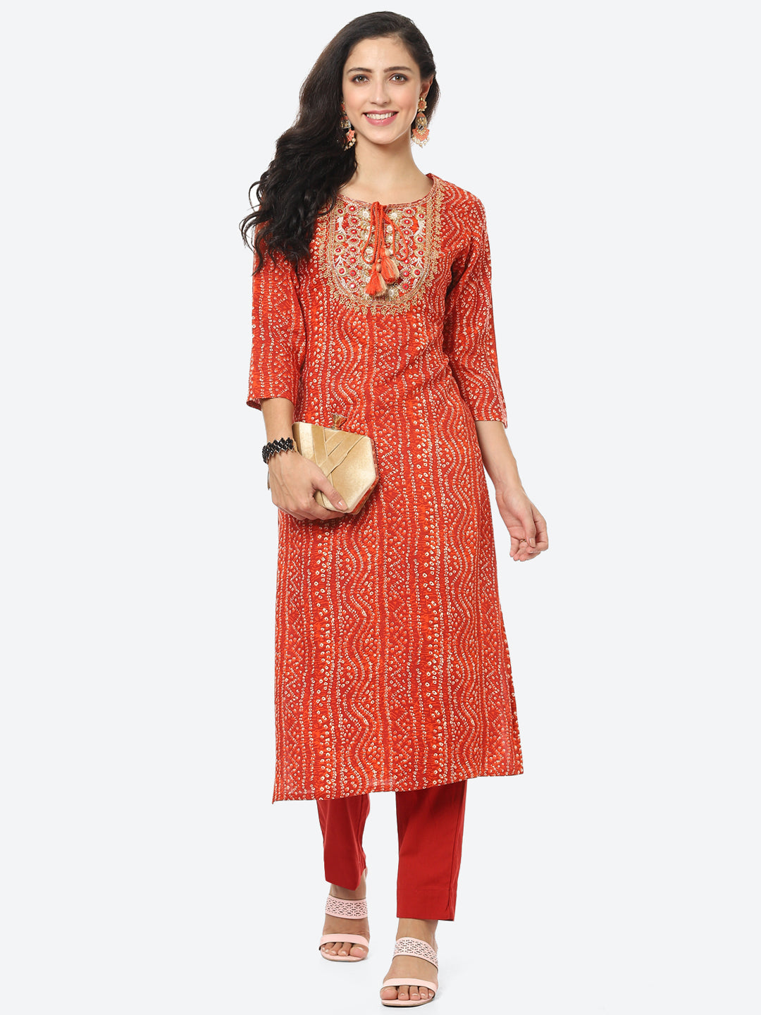 Yoke Embroided Bandhani Printed Cotton Kurti
