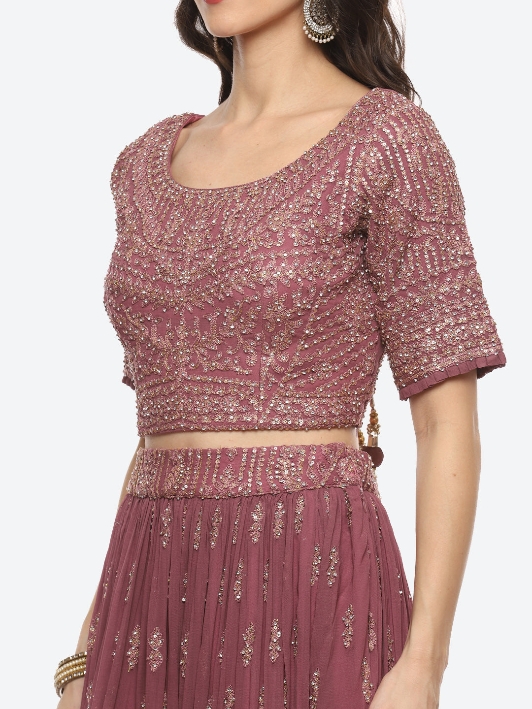 Resham Embroidered Georgette Choli With Lehenga &amp; Net Dupatta