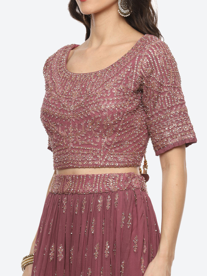 Resham Embroidered Georgette Choli With Lehenga &amp; Net Dupatta