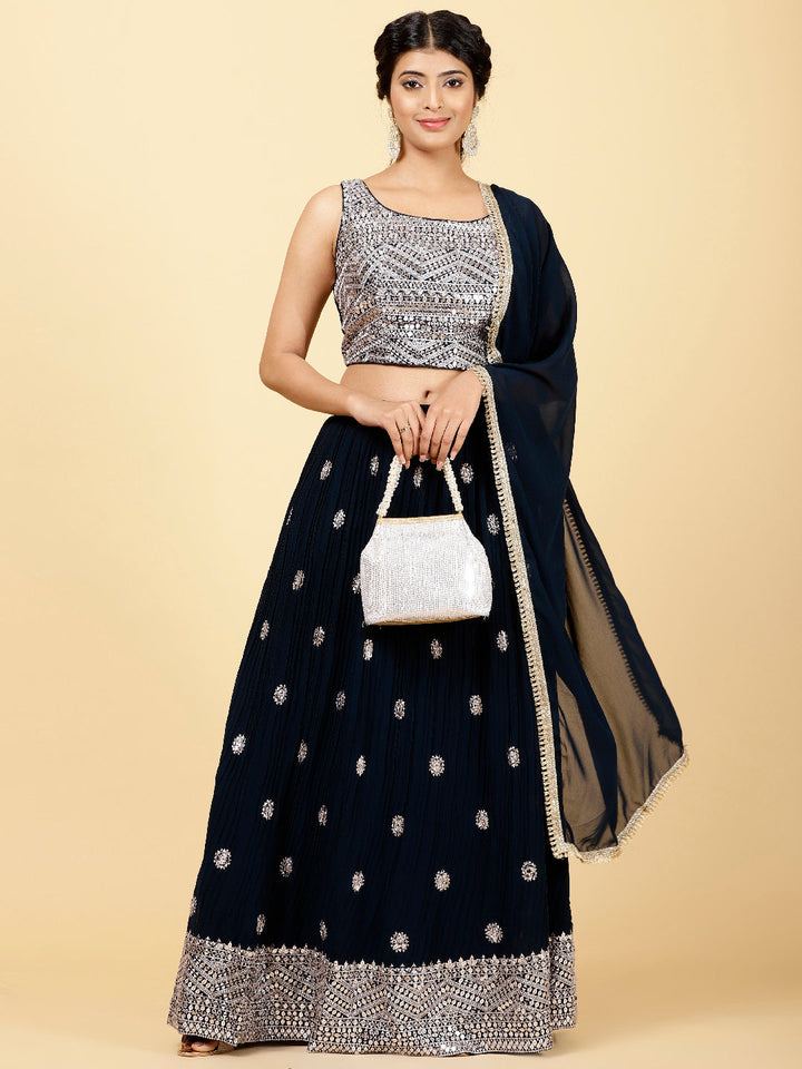 Sequin Embroidered Georgette Choli With Lehenga &amp; Dupatta
