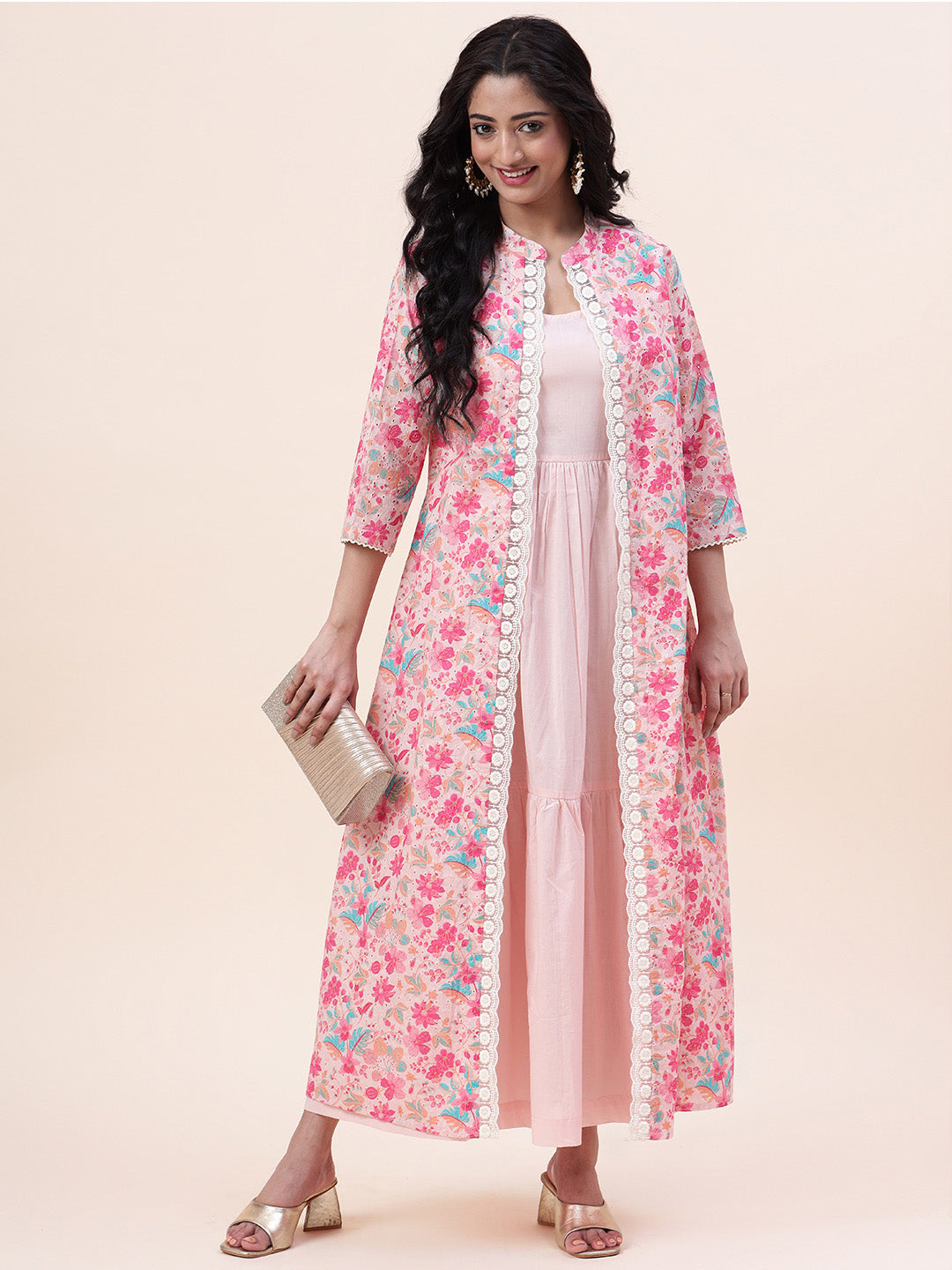 Floral Printed Cotton Gown With Jacket