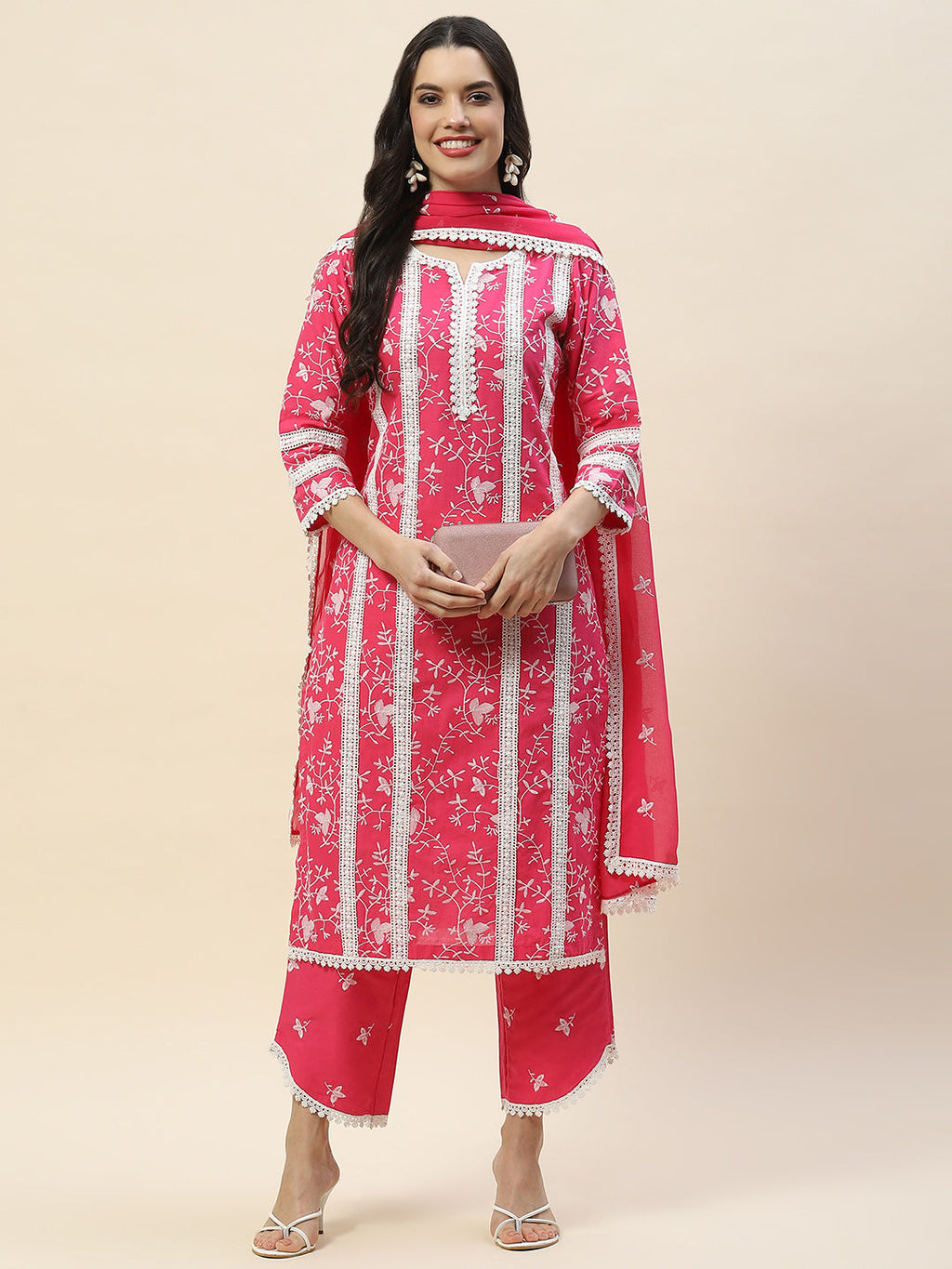Printed & Embroidered Cotton Suit Set With Dupatta