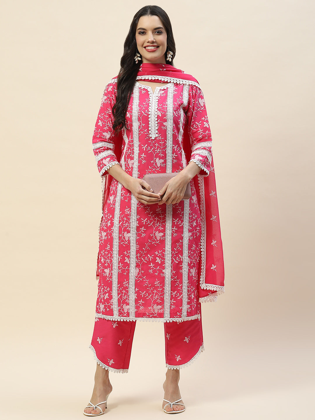 Printed & Embroidered Cotton Suit Set With Dupatta