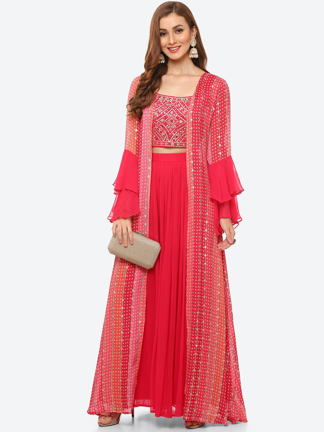 Zari Embroidered Booti Georgette Crop Top With Palazzo & Jacket