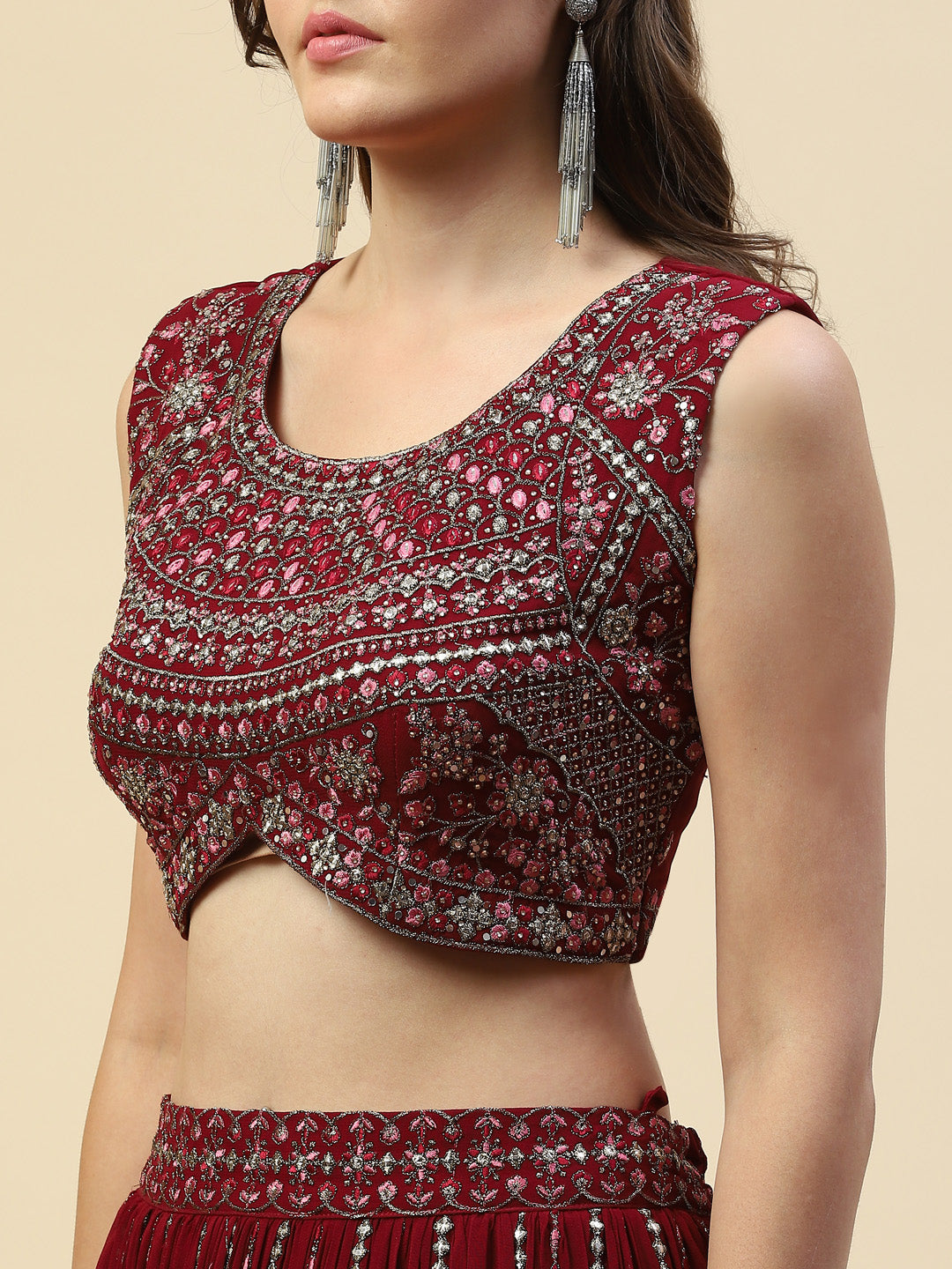 Resham Embroidered Georgette Choli With Lehenga &amp; Net Dupatta