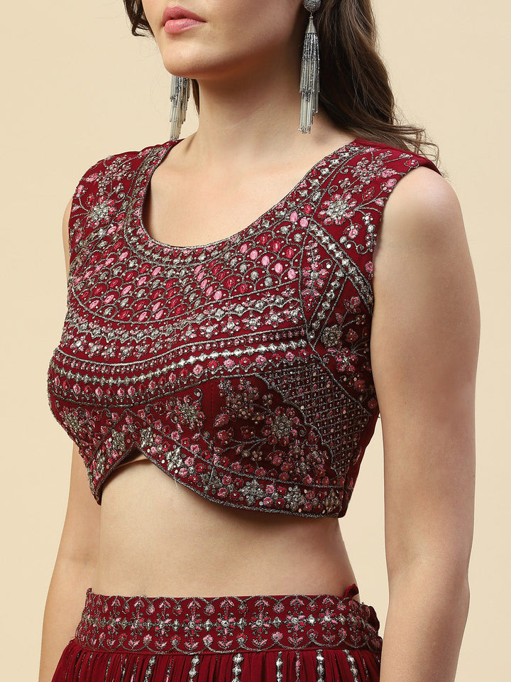 Resham Embroidered Georgette Choli With Lehenga &amp; Net Dupatta