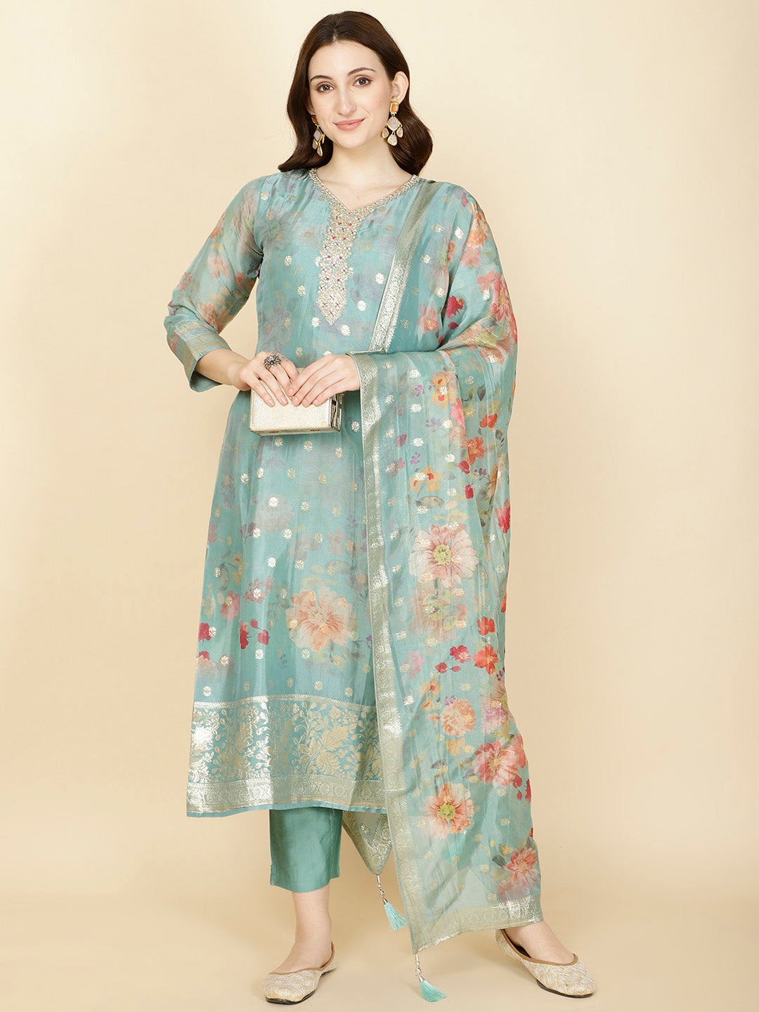 Floral Printed &amp; Woven Organza Kurta With Pants &amp; Dupatta