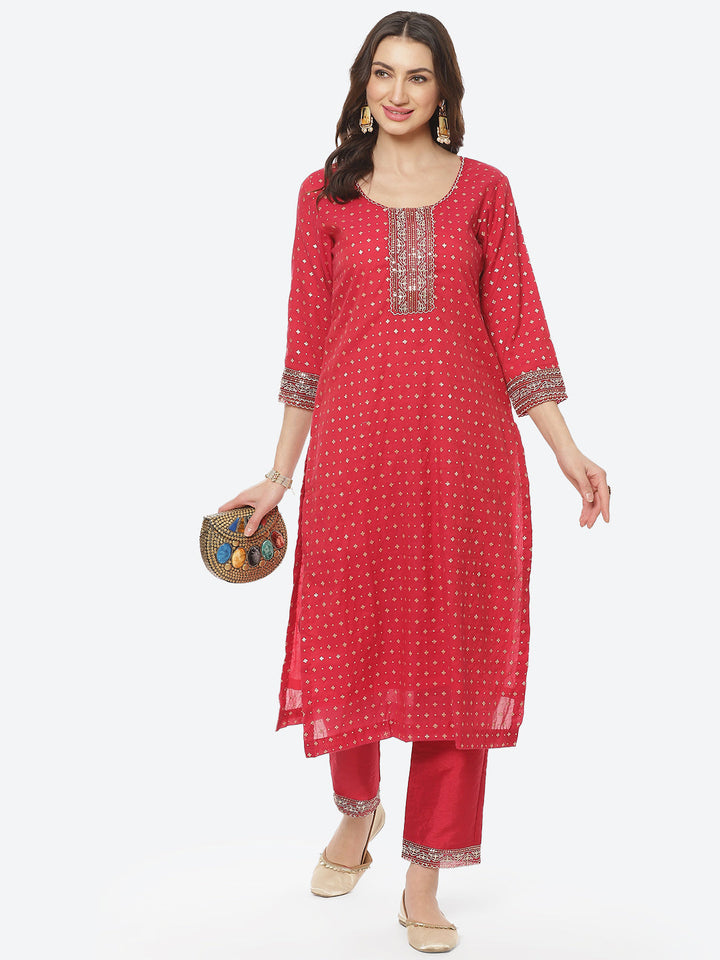 Sequence Neck Zari Embroidered Cotton Kurti With Pant