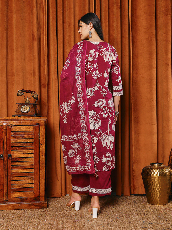 Printed Cotton Blend Kurta With Pants &amp; Dupatta