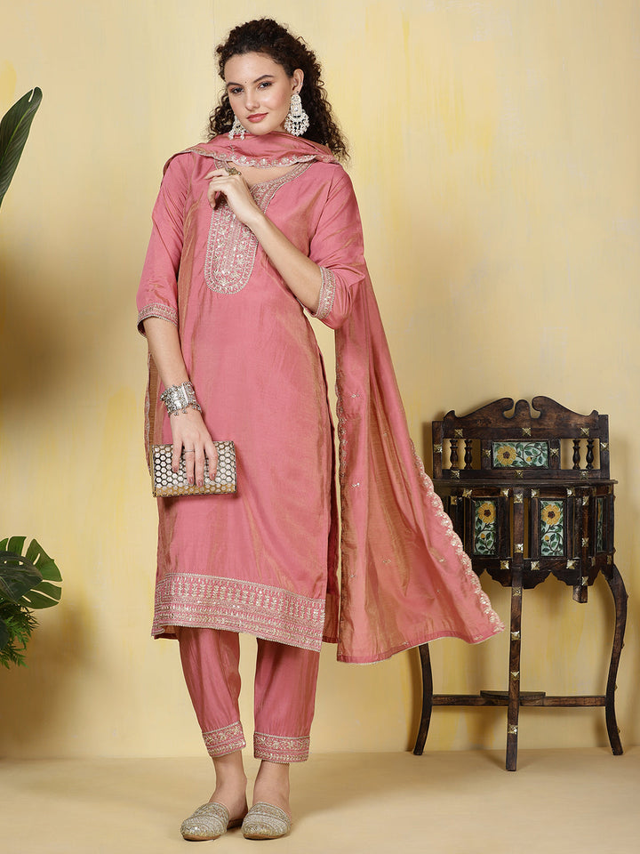Neck Zari Embroidered Chanderi Kurta With Pants &amp; Dupatta