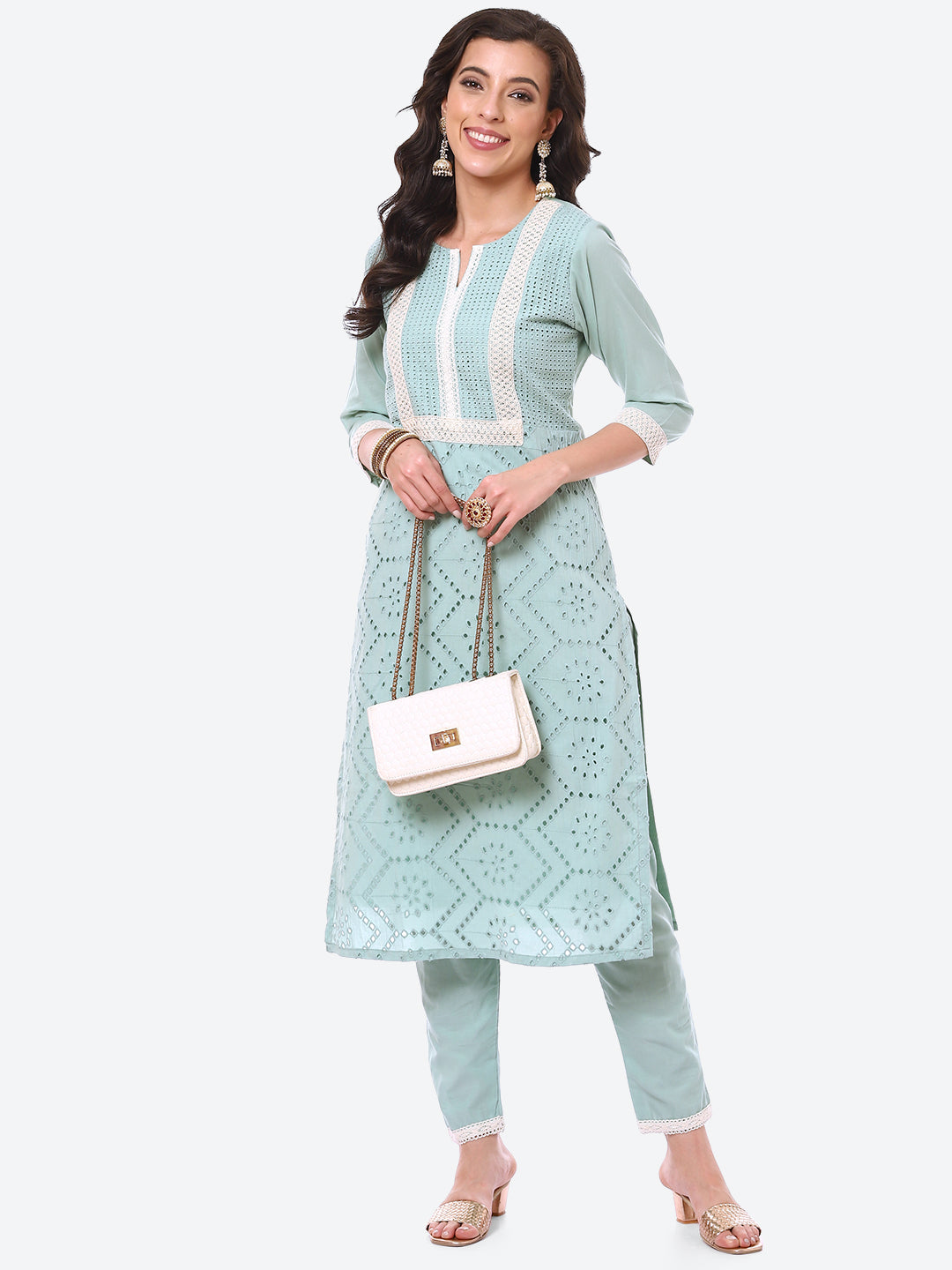 Cut Work Cotton Kurta With Pant