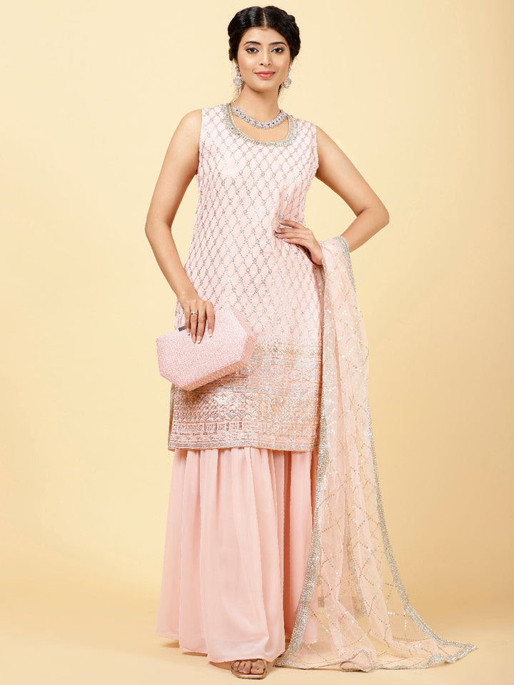 Sequin Georgette Kurta With Palazzo  &amp; Dupatta