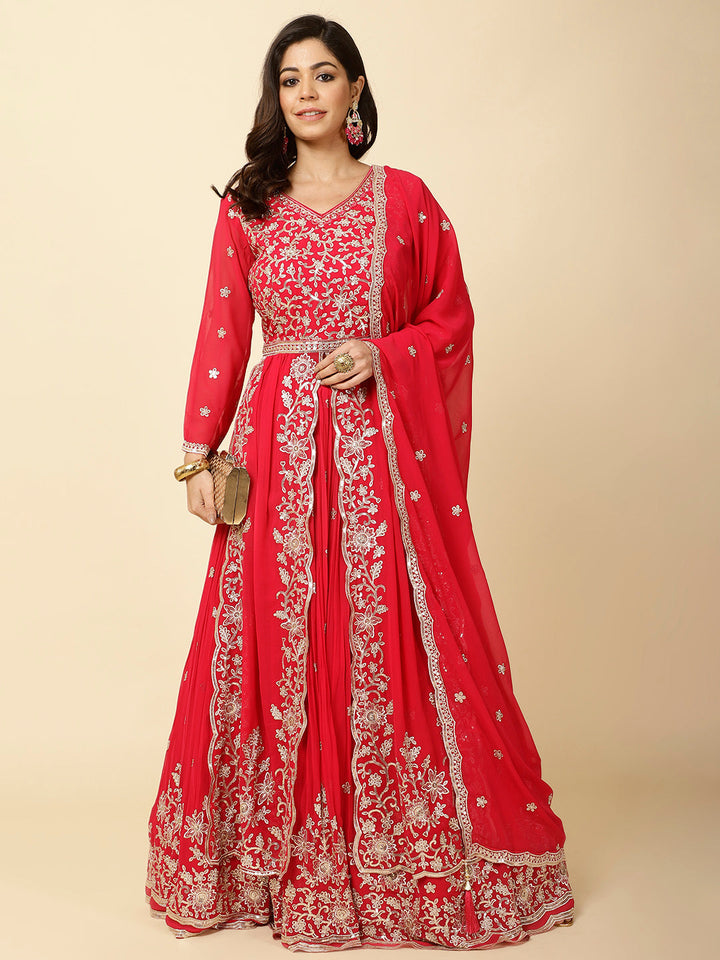 Resham Embroidery Georgette Kurta With Lehenga &amp; Dupatta