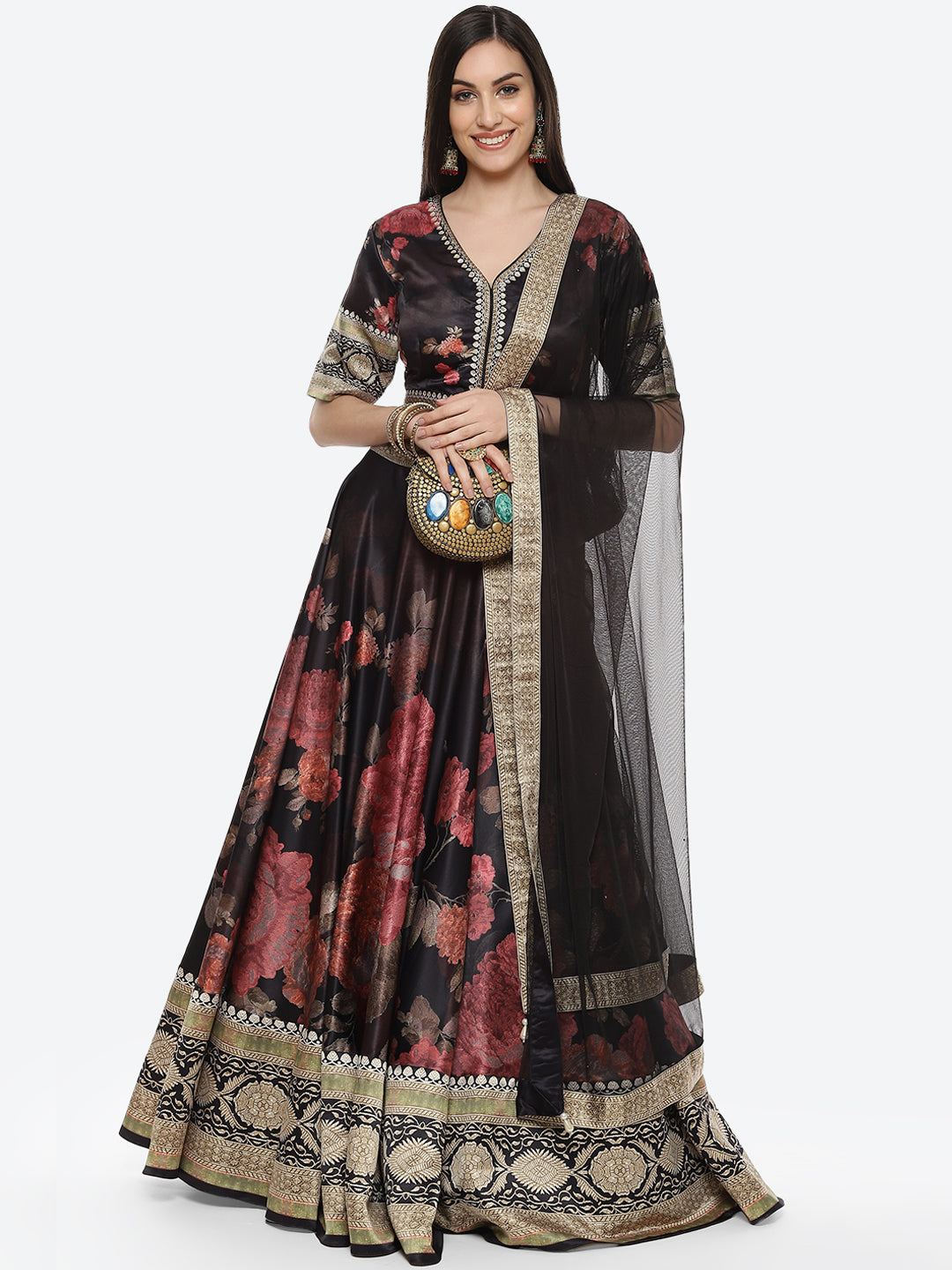 Floral Printed Satin Choli With Lehenga &amp; Net Dupatta