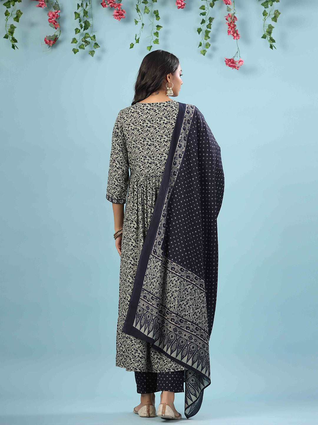 Printed Cotton Kurta With Pants &amp; Dupatta