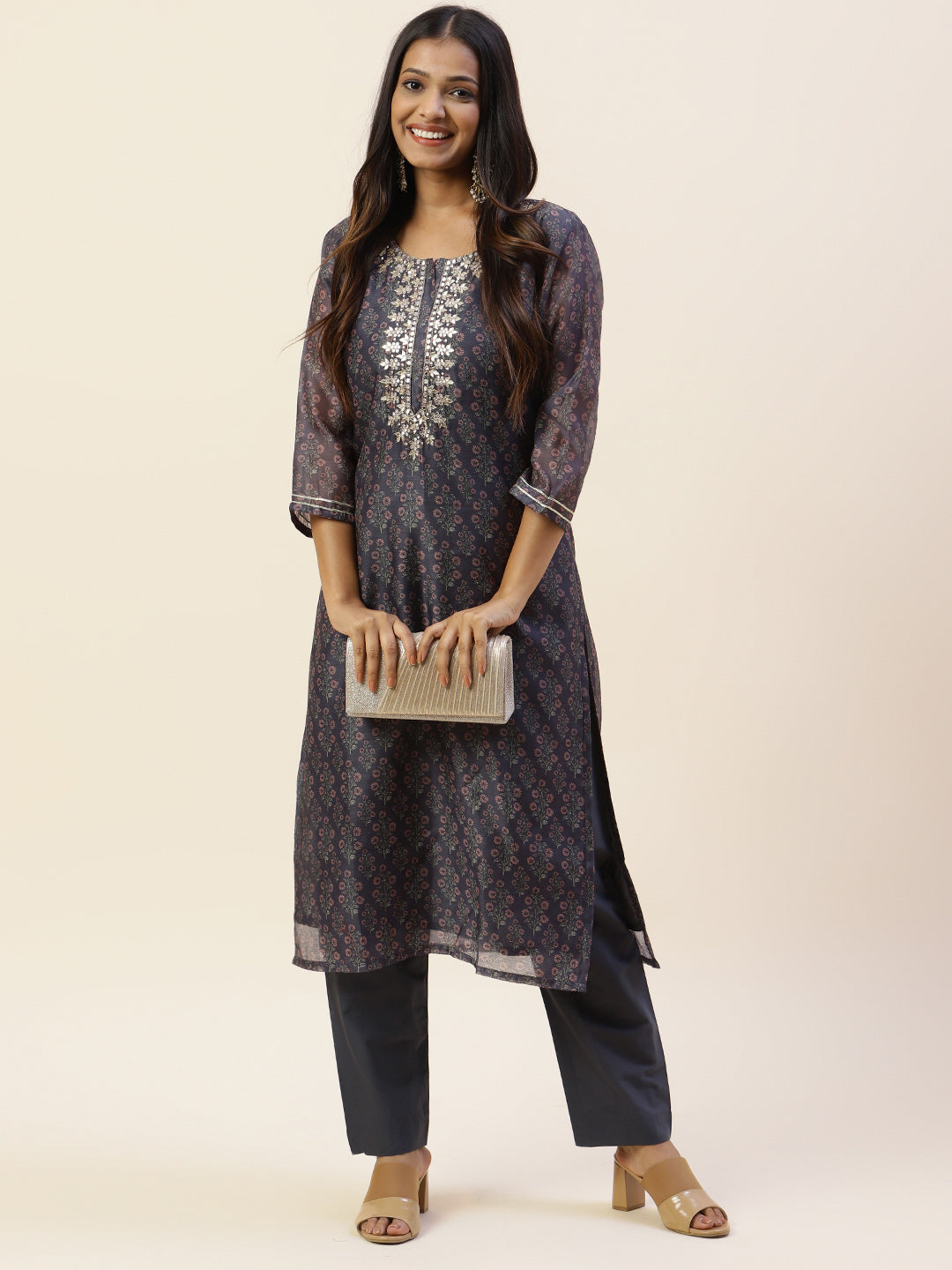 Printed &amp; Yoke Embroidered Chanderi Kurta With Pants