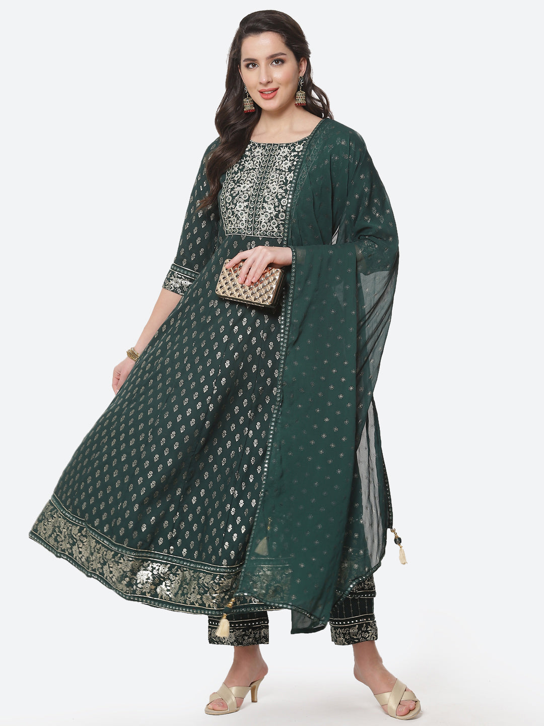 Printed Zari Neck Cotton Stitched Anarkali Salwar Kameez With Chiffon Dupatta