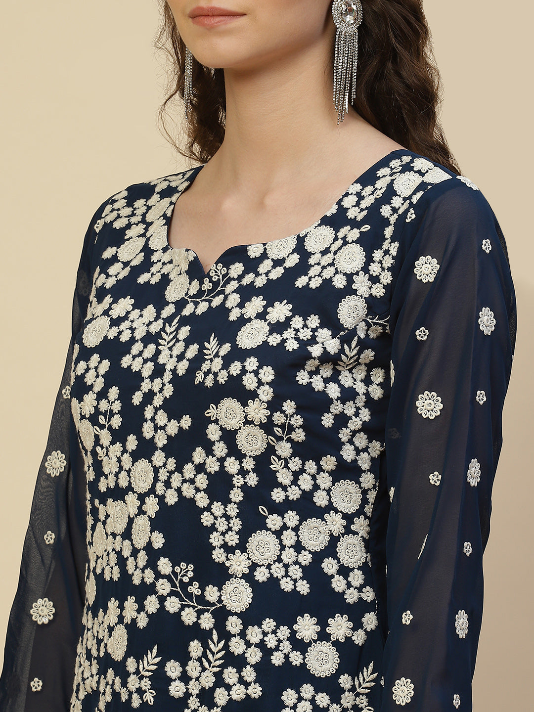 Resham Embroidered Georgette Kurta With Garara &amp; Dupatta
