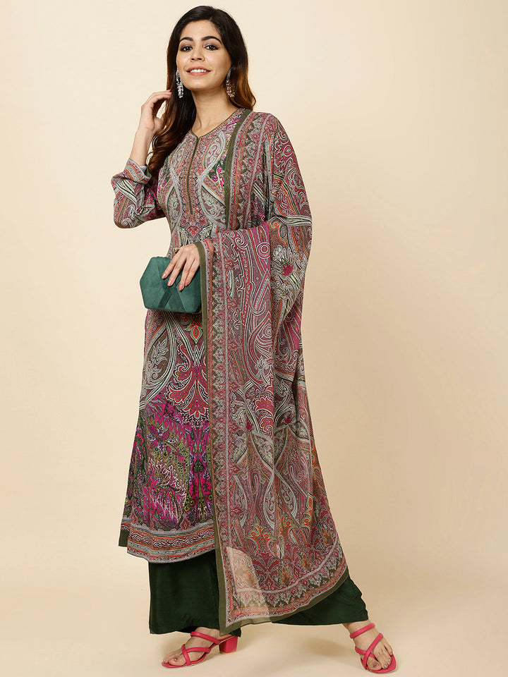 Digital Printed Crepe Kurta With Palazzo &amp; Dupatta