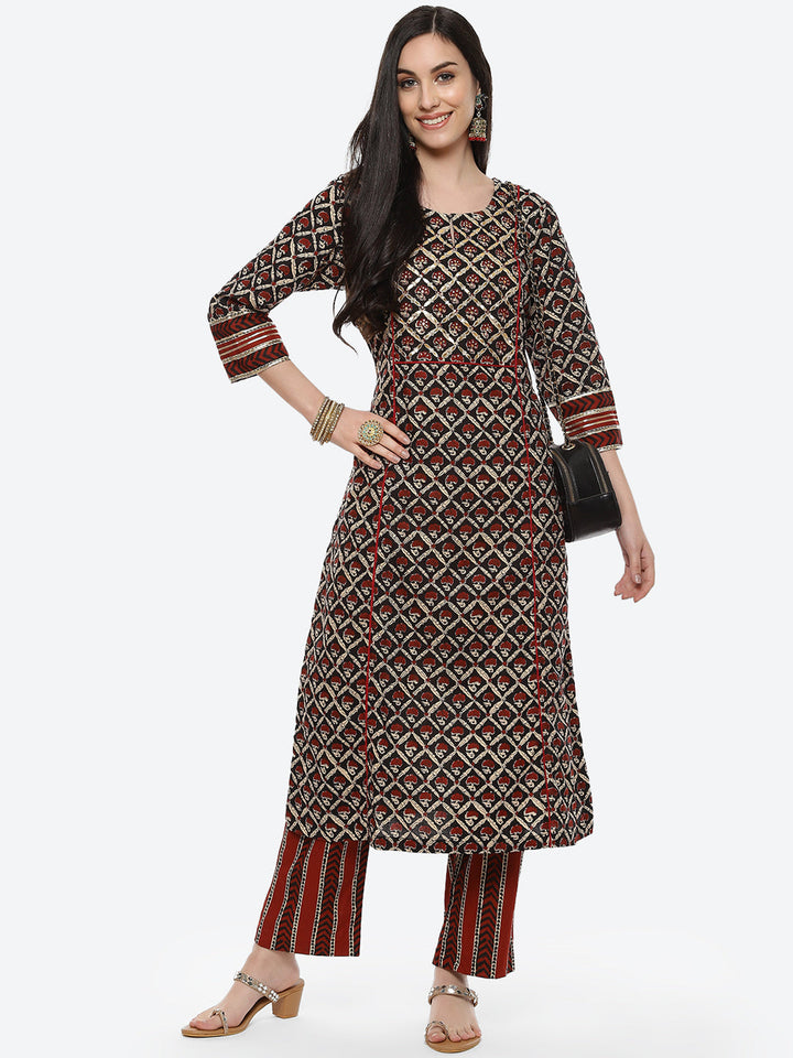 Printed Gota Work Cotton Kurti With Pant