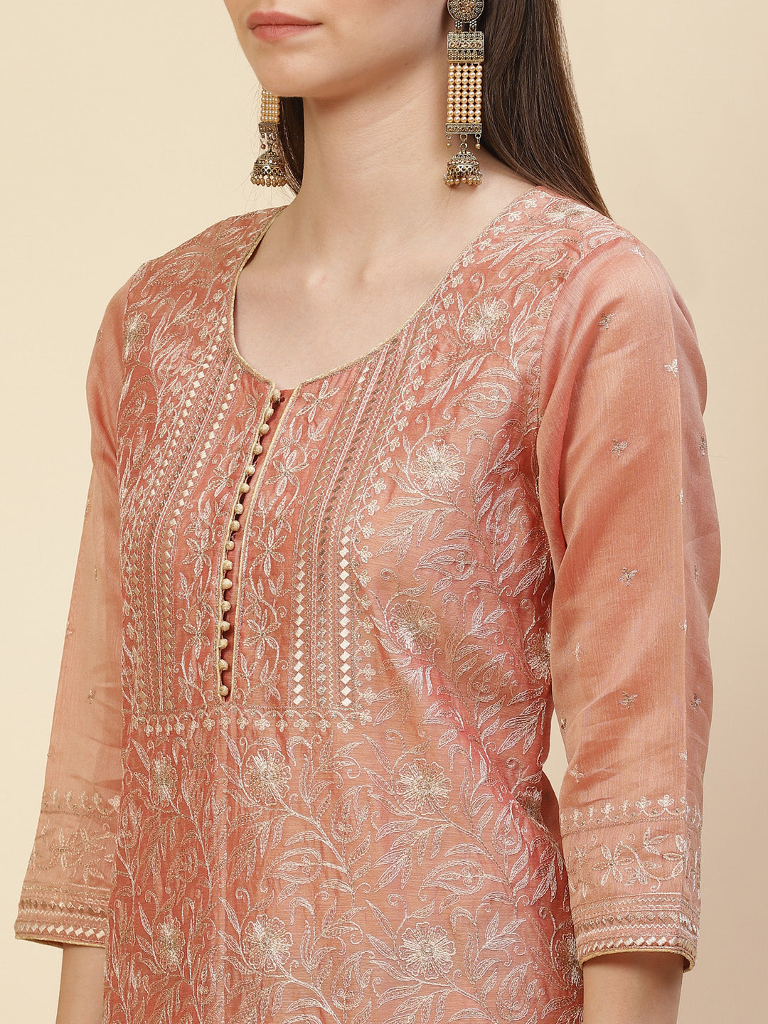 Zari Embroidered Cotton Kurta With Pants &amp; Dupatta