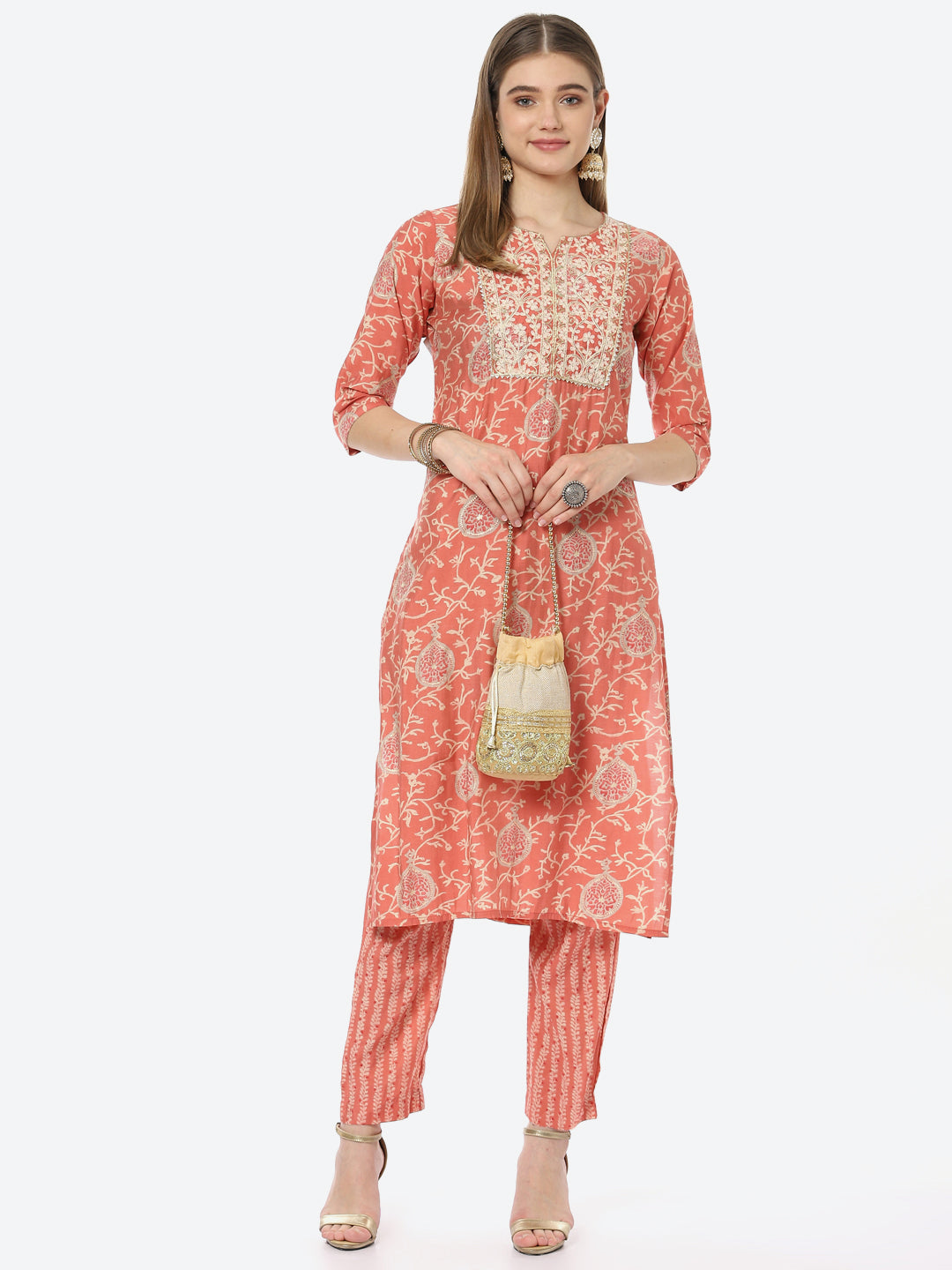 Resham Zari Neck Embroidered Printed Chanderi Kurta With Pant