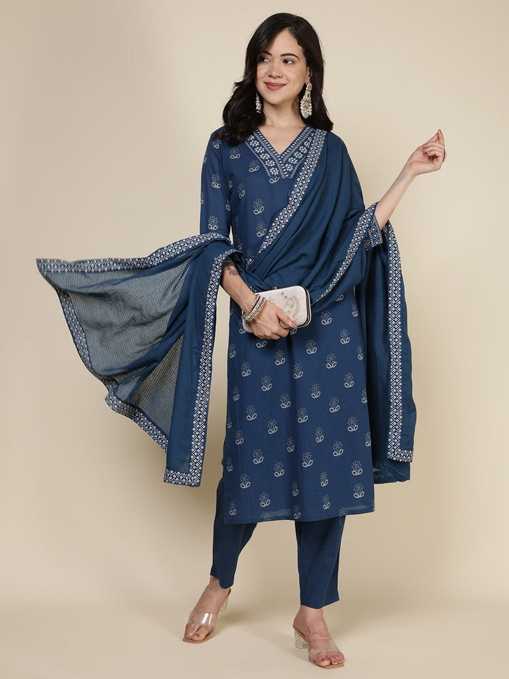 Printed Cotton Blend Kurta With Pants &amp; Dupatta