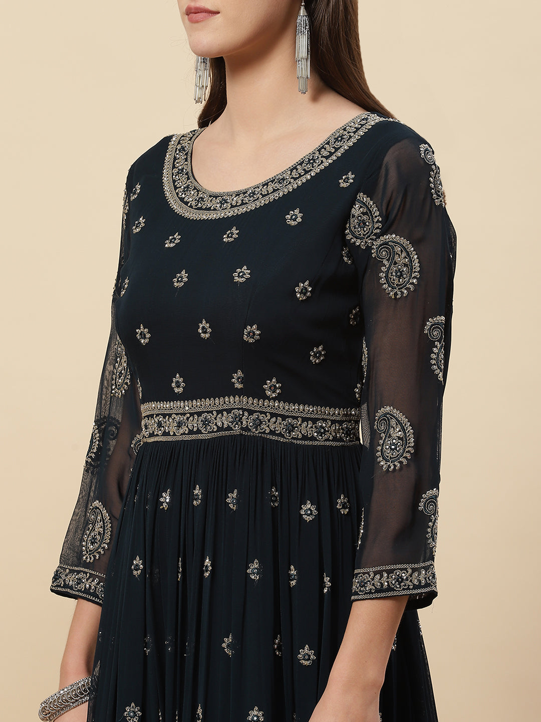 Resham Zari Embroidered Georgette Anarkali Kurta With Churidar &amp; Dupatta