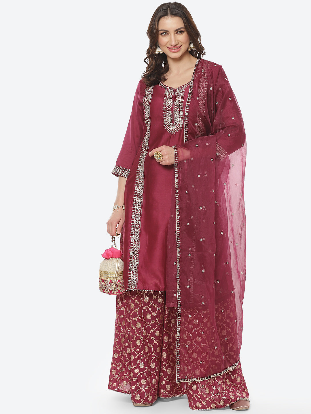 Embroidered Zari Cotton Stitched Salwar Kameez With Organza Dupatta