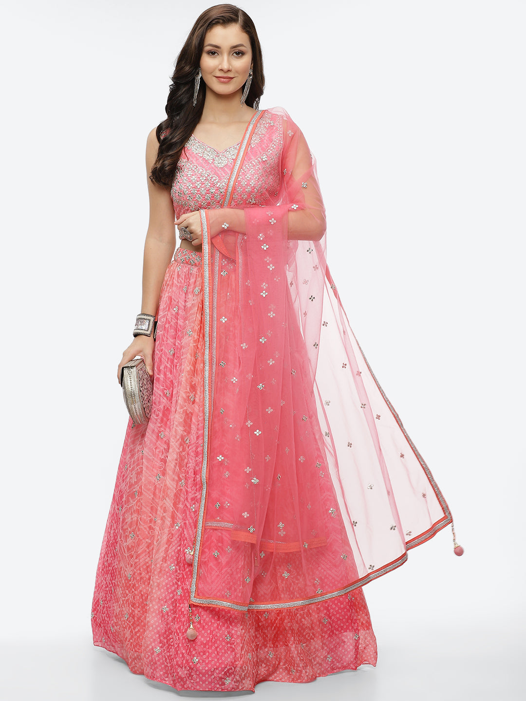 Zari Booti Embroidered Crepe Choli With Lehenga &amp; Net Dupatta