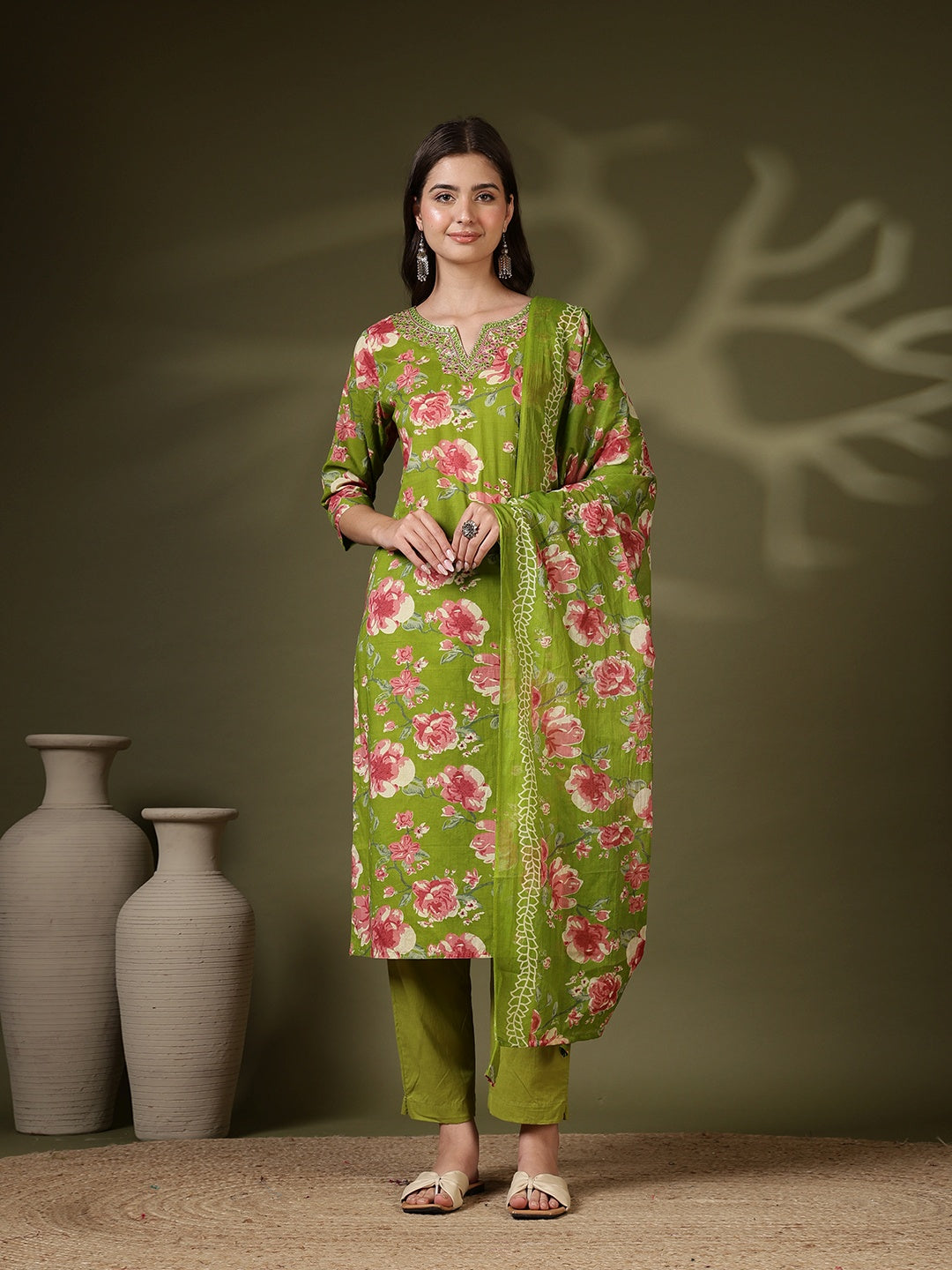 Printed Cotton Blend Kurta With Pant &amp; Dupatta
