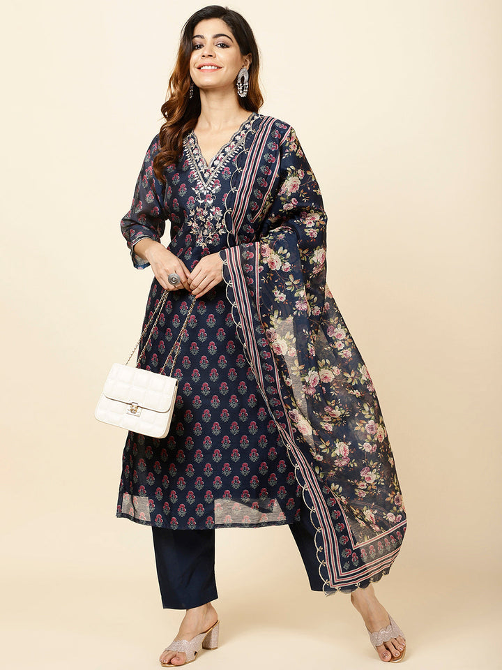 Printed Chanderi Kurta With Pants &amp; Dupatta